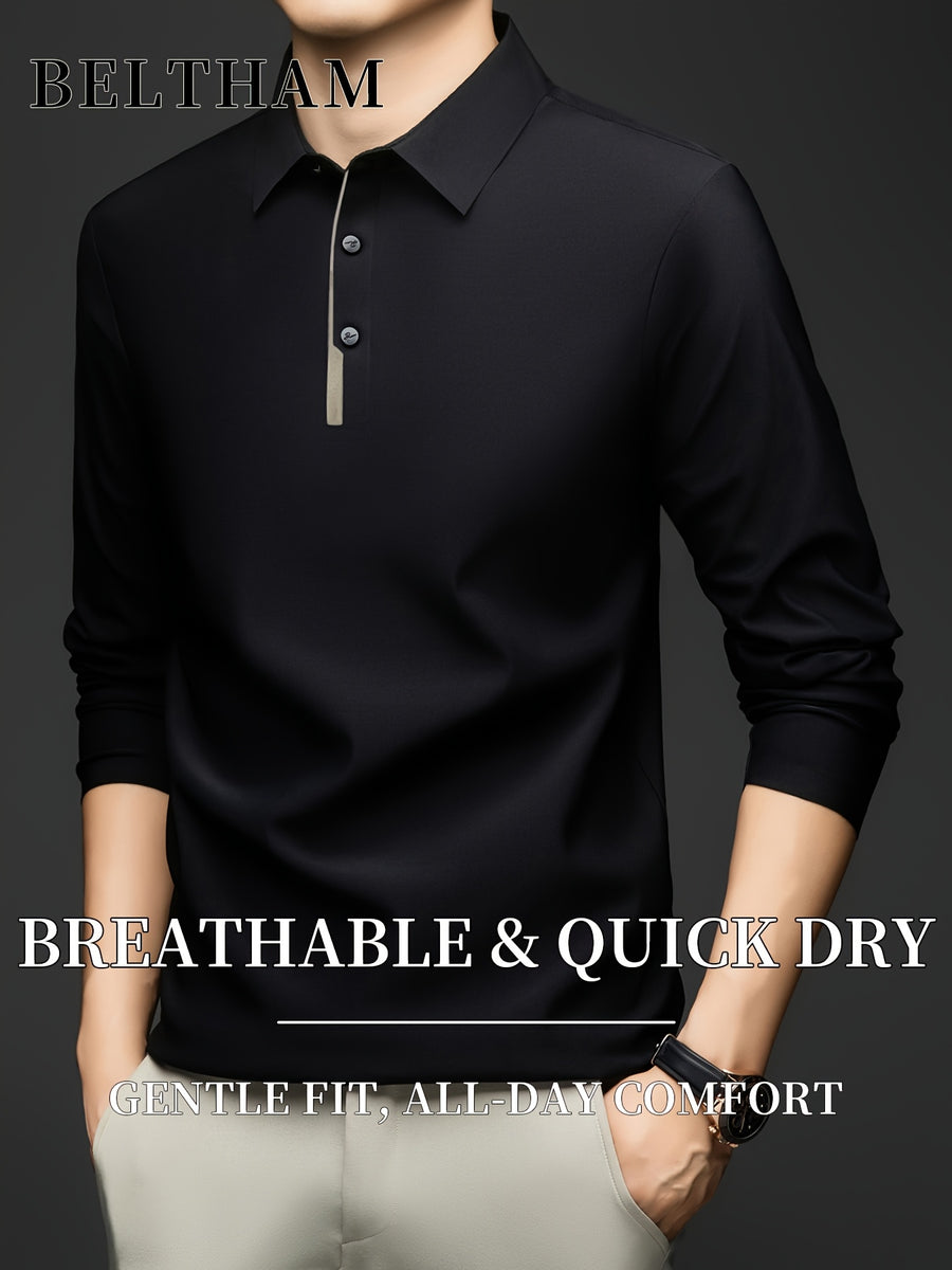 Spring Summer Autumn Men'S Long Sleeve Polo Shirt, Ice Feel Moisture Wicking Breathable Quick Dry Top, Versatile Apparel for Daily Casual Business Sports Golf Fishing Camping Outdoor Wear - Black