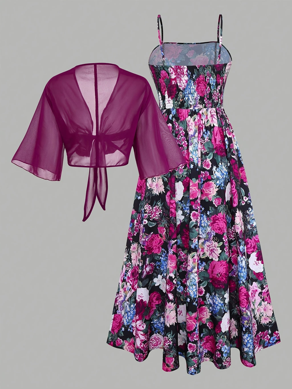 Women's New Summer Fashion Printed 2pcs Dress Set with Green Shawl - Purple