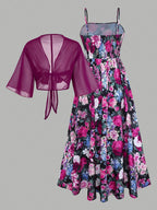 Women's New Summer Fashion Printed 2pcs Dress Set with Green Shawl - Purple