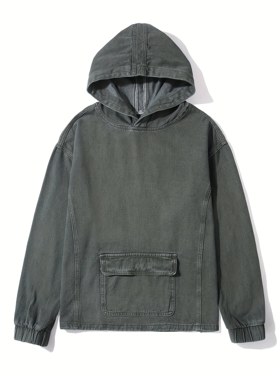 YASUYUAN Men's Light Color Denim Hooded Jacket - Loose Fit -Blend (Suitable for all-Season Wear) with Shrunk Hem & Sleeve Roll, Casual Outerwear, Machine Washable Denim Coat - fern green