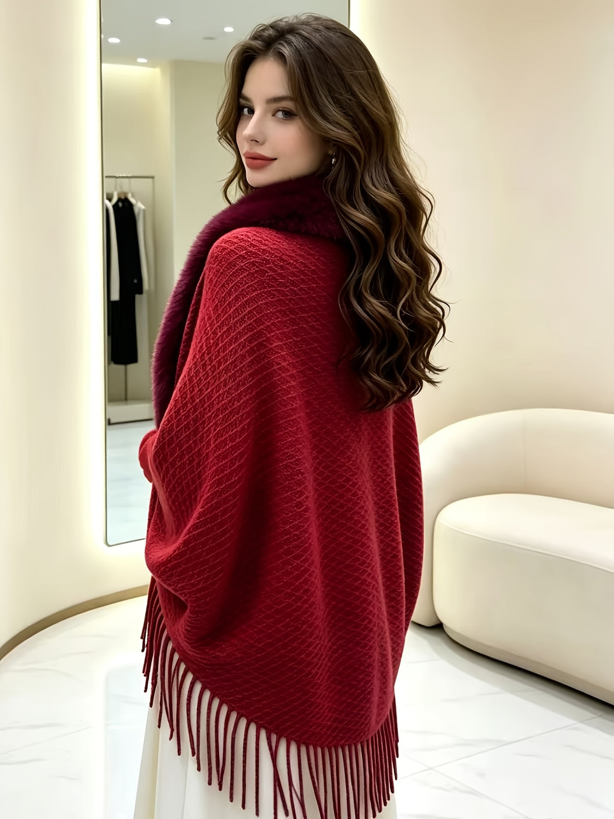 Women'S Open Cardigan, Autumn Winter Elegant Faux, Fringed Cape Scarf Jacket - Lightweight Warm Coat for Parties, Office, Casual Wear - Fashionable Autumn Winter Accessory, Soft Plush Texture, Trendy Scarf, Office Essential - Red