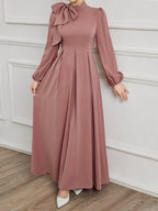 Retro Stand-Up Collar Puff Sleeve Midi Dress with Satin Bow Decoration, Slim Fit Trumpet Gown, Suitable for Banquets, Wedding Guests And Formal Dinners - Rose Brown