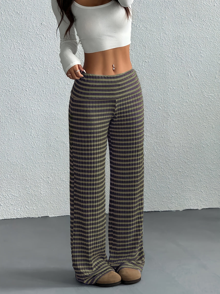 Women's Wide- Trousers - Wide- Pants with Striped, Wide-Legged Trousers Suitable for Spring/Summer, Machine Washable Elegant Wide Pants for, Casual & Semi-Formal Wear, Non- Wide Trousers - Green