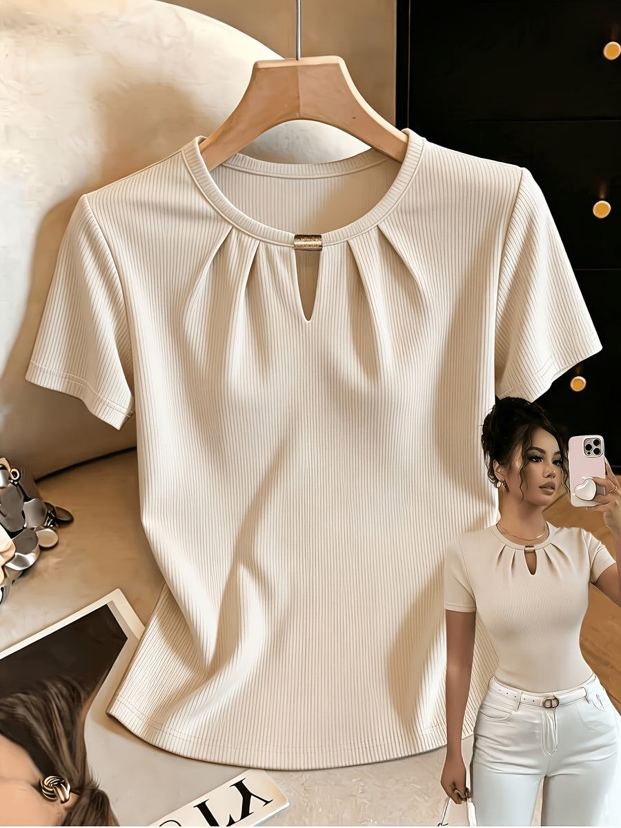 Women'S Summer Sexy Fitted Round Neck Metallic Embellished Hollow-Out Elegant Vacation Travel Short Sleeve T-Shirt - Khaki