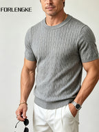 FORLENGKE Men's Summer Relaxed Holiday Style Cable Knit Crew Neck Short Sleeve T-Shirt, Soft Skin-Friendly Wrinkle-Resistant Fabric, Ideal for Summer Seaside Vacations, Market Strolls, Coffee Breaks, Short Road Trips, Friend Gatherings, and Holiday - Light Grey