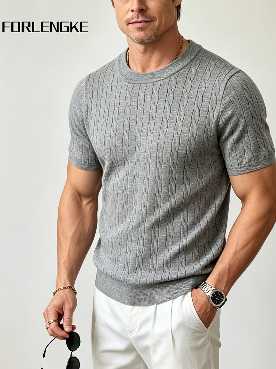 FORLENGKE Men's Summer Relaxed Holiday Style Cable Knit Crew Neck Short Sleeve T-Shirt, Soft Skin-Friendly Wrinkle-Resistant Fabric, Ideal for Summer Seaside Vacations, Market Strolls, Coffee Breaks, Short Road Trips, Friend Gatherings, and Holiday - Light Grey