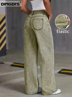 New Stretchy Loose Acid-Washed High-Waisted Tummy Control Straight-Leg Jeans for Women, Washed Wide-Leg Jeans with Pockets in Various Colors, Street-Style Ladies' Clothing, Comfort Denim Trousers, Casual Pants for Travel, Work And Office - Olive Green
