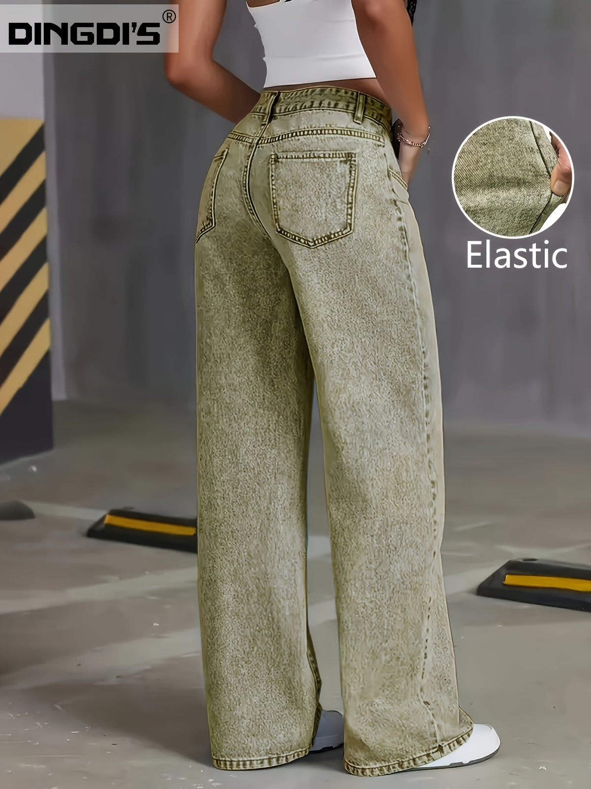 New Stretchy Loose Acid-Washed High-Waisted Tummy Control Straight-Leg Jeans for Women, Washed Wide-Leg Jeans with Pockets in Various Colors, Street-Style Ladies' Clothing, Comfort Denim Trousers, Casual Pants for Travel, Work And Office - Olive Green