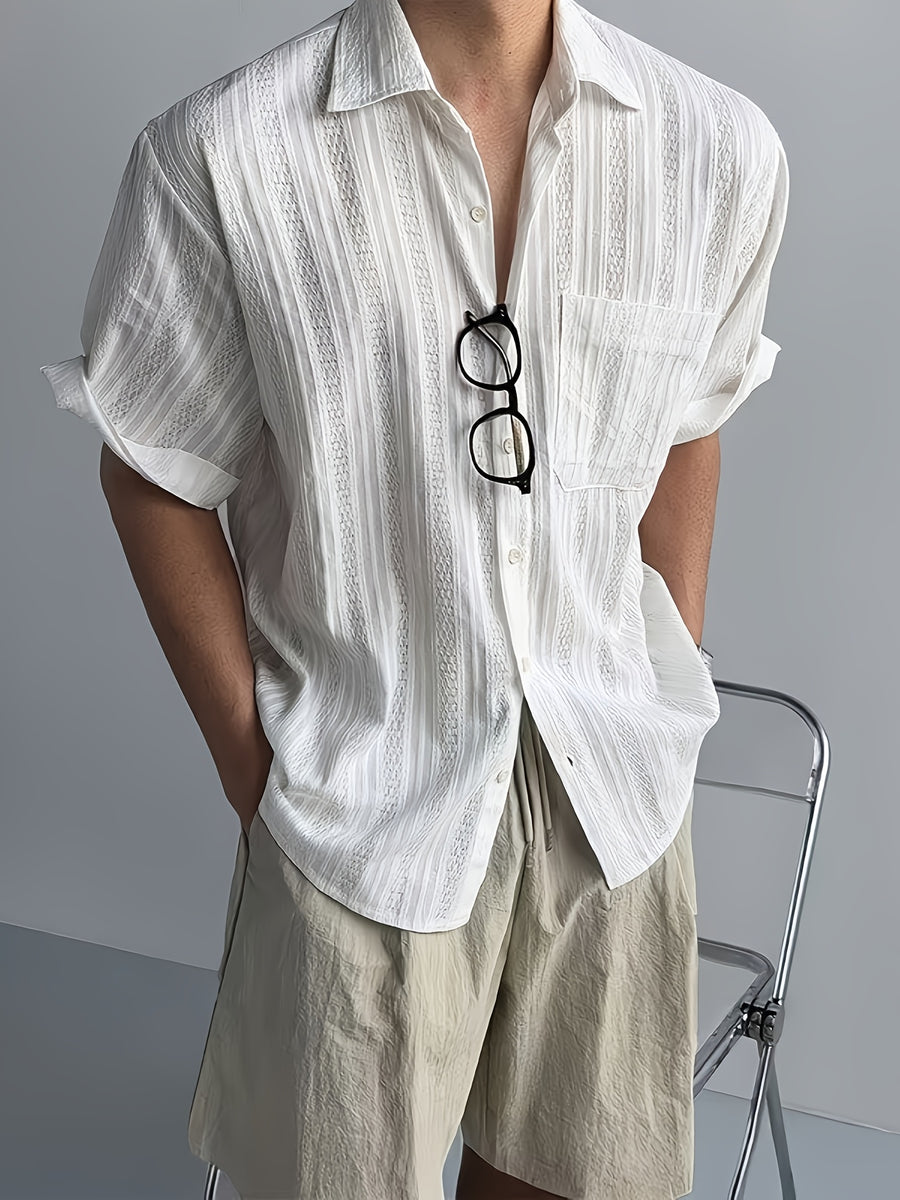 Men's Hollow Out Striped Short Sleeve Shirt, Cuban Collar, Casual Summer Beach Blouse, KhakiMen's Casual Cuban Collar Shirt, Hollow Out Stripe Texture, Short Sleeve, Loose Fit, Summer Daily TopSummer Men's Khaki Striped Shirt, Cuban Collar - White