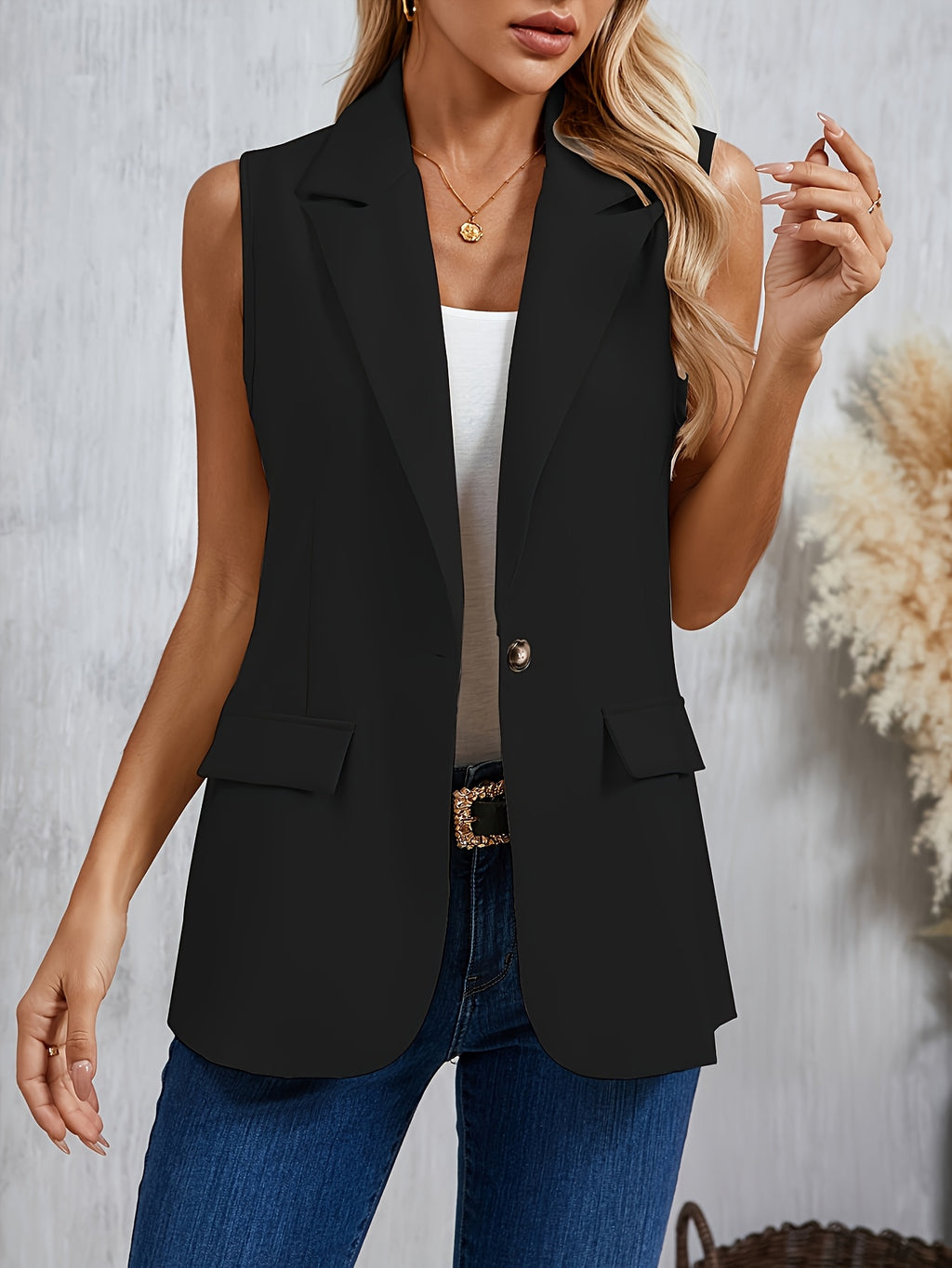 Button Front Lapel Vest, Elegant Solid Color Sleeveless Vest For Spring & Fall, Women's Clothing - Black
