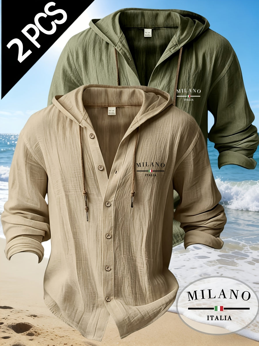Zhiyu OBM 2pcs Men's Fashion Casual Beach Style Hooded Long Sleeve Open Front Cardigan | High-End Skin-Friendly Soft Shirt | 100% | Essential Golf Beach Polo Outfit | Breathable and Lightweight | for Indoor Gatherings and Outdoor Sports | Wardrobe - Army Green + Apricot