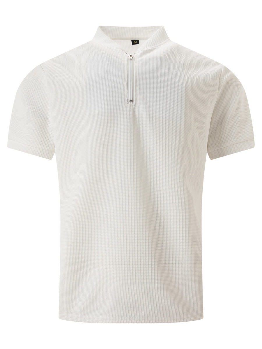 Men'S Waffle Breathable Polo Shirt, Solid Color Stand Collar Half-Zip Short-Sleeve Top, Soft And Comfortable Garment for Outdoor Trips And Daily Wear - White