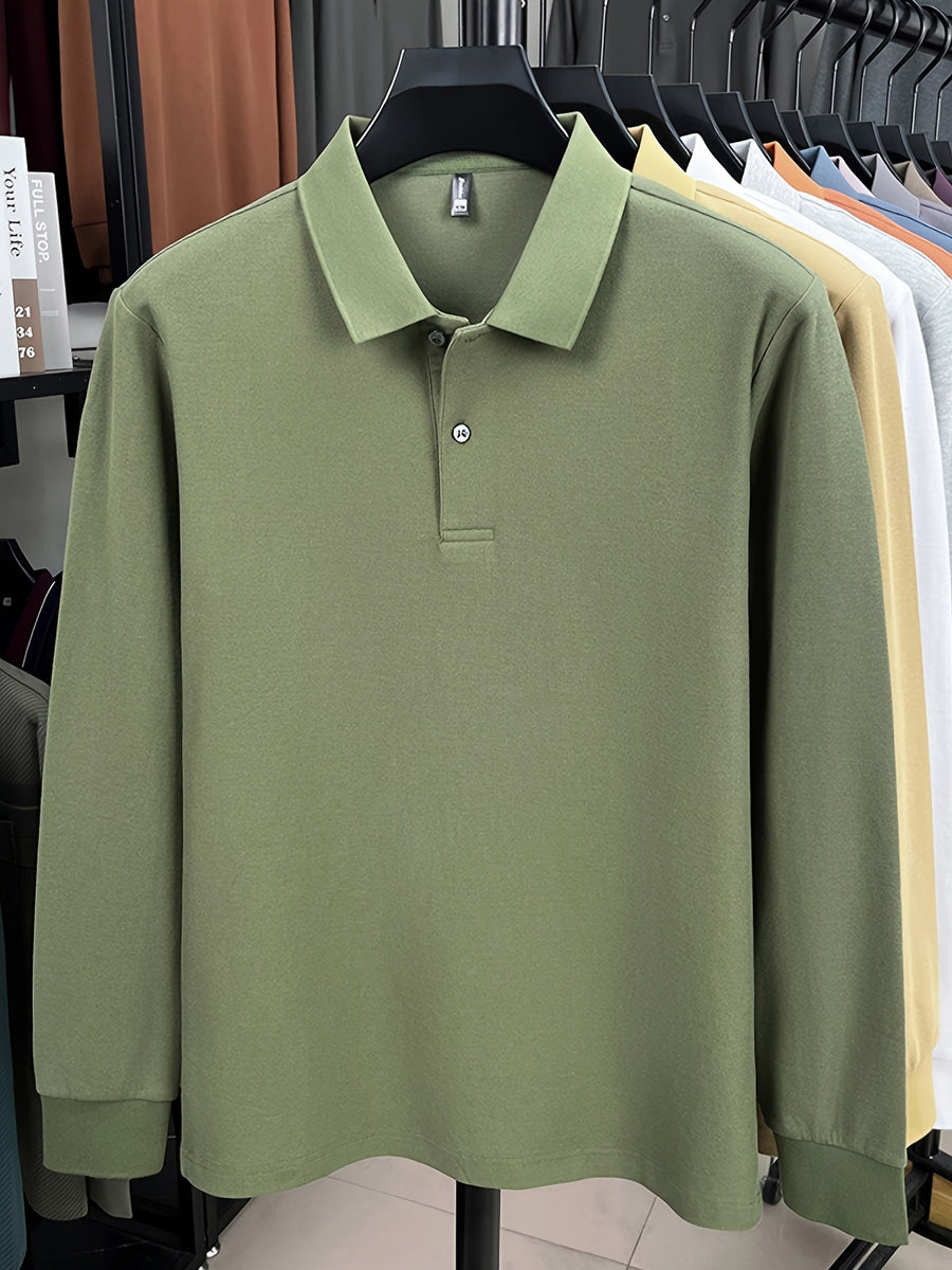 Spring and Autumn Men's Lapel Polo Shirt, Fashionable Solid Color Base Layer Top, Versatile Business Casual Long Sleeve T-Shirt, Suitable for Daily Work Scenes, The Best Gift for Friends and Relatives - Olive Green