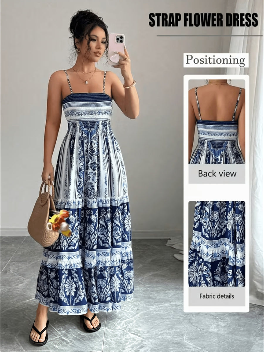 Sleeveless Waist-Cinching Loose Hem Long Dress, Women's Camisole Dress, Waist-Defining Vacation Beach Style Dress - Blue