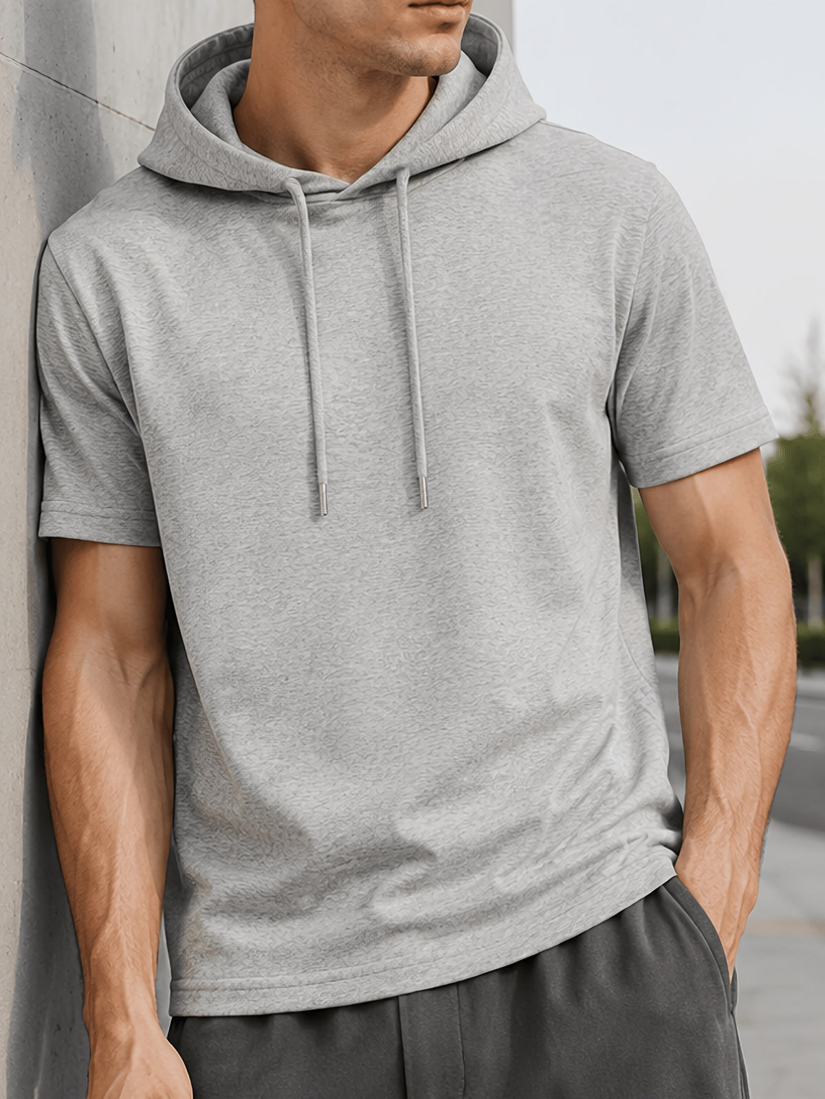 Men's Lightweight Breathable Short-Sleeve Hooded Sweatshirt - Solid Color Loose Fit Hoodie Suitable for Gym, Running, Outdoor Commuting | Machine Washable Pullover Hooded T-Shirt for Youth &, Basic Versatile Casual Wear - Grey