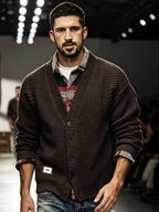 Men's Chunky Knit Sweater Cardigan, Loose Fit Slouchy Style, Japanese Vintage Heavyweight Knit Cardigan - Coffee Brown