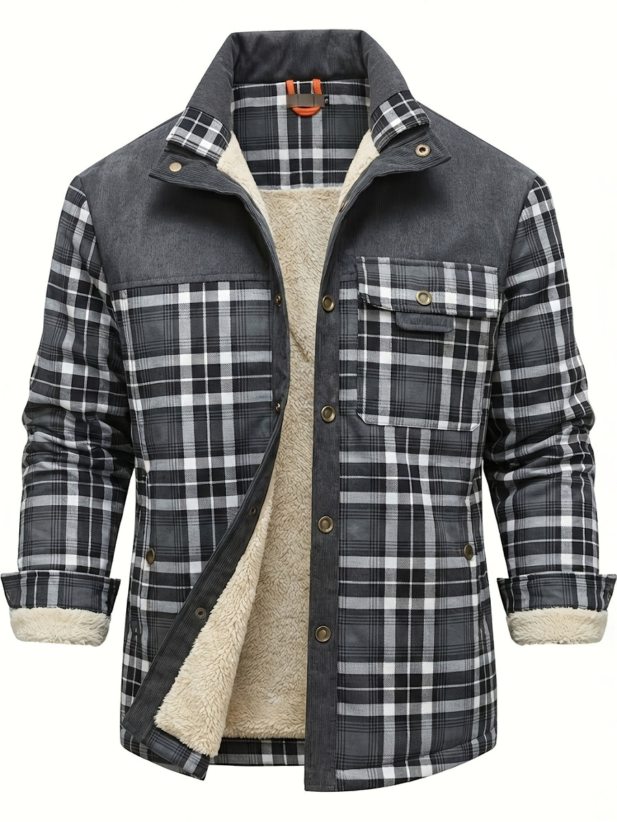 Men'S Casual Warm Fleece Lined Shirt Jacket, Chic Retro Plaid Long Sleeve Shirt for Fall Winter, Vintage, Regular Fit, Lapel, Daily - Grey