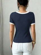 Summer New Ribbed Short Sleeve V-Neck White Lace Trim Slim Regular Length T-Shirt Top Women'S - Navy Color