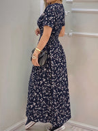A Casual, Elegant, and Chic New Summer Bohemian-style V-neck Floral Print Dress for Women, Featuring Short Sleeves, a Cinched Waist, and a Side Slit for a Fit. This Long Dress Is Perfect for Vacations, Parties, Outings, and Leisure - Mixed colors