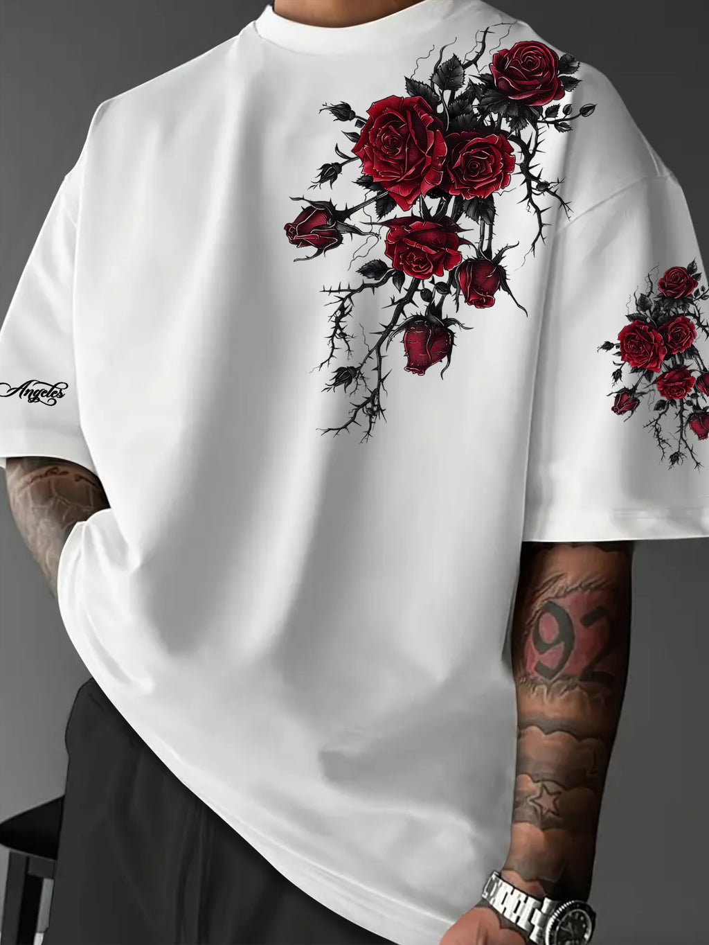 Y2K Gothic Dark Style Red Rose And Thorns Print T-Shirt - Men'S T-Shirt, Round Neck T-Shirt for Men Summer Clothing, Men'S Clothing, Streetwear - White