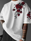 Y2K Gothic Dark Style Red Rose And Thorns Print T-Shirt - Men'S T-Shirt, Round Neck T-Shirt for Men Summer Clothing, Men'S Clothing, Streetwear - White