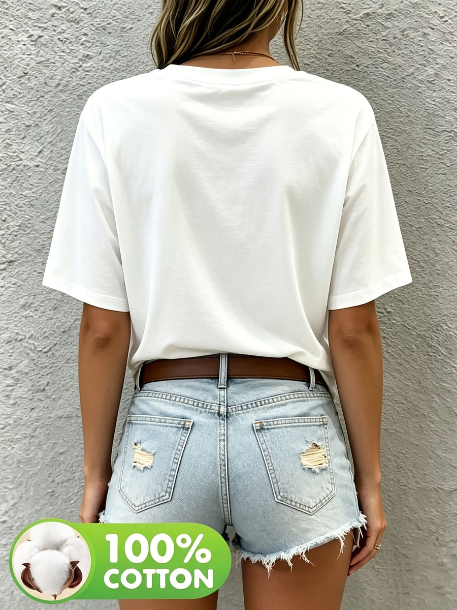 New Round Neck Short Sleeve T-Shirt, Comfortable Breathable Fashion Women'S Round Neck Short Sleeve T-Shirt, Casual Elegant Clothing, Spring Summer Elegant Fashion - White