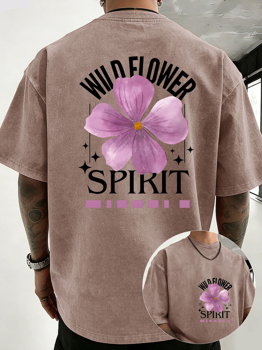 Mid-Summer Vacation Style Unisex T-Shirt, Pure Washed Distressed, Double-Sided Print, Breathable And Sweat-Absorbent, Loose Fit Outdoor Hiking Sports Trendy Casual Short Sleeve, Sweat-Resistant - Brown