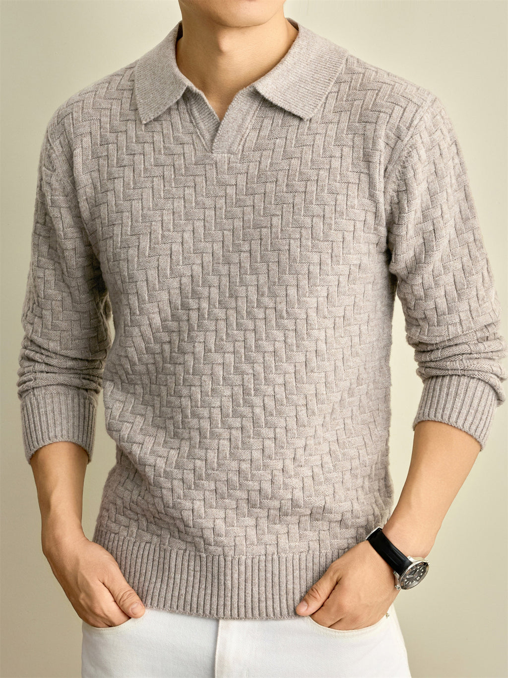 Autumn Winter Knit 3D Solid Color Lapel Polo Sweater, Basic Knit Pullover Top for Men, Fashionable Long Sleeve Sweater, Size S - Green Rice