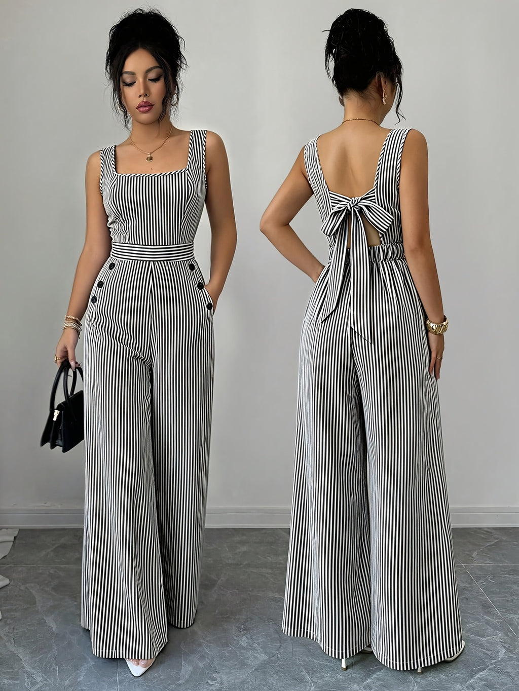 ASD1 Elegant Striped Square Neck Sleeveless Women's Bodysuit with Tie-Back Wide-Leg Pants - Stripe