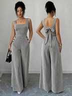 ASD1 Elegant Striped Square Neck Sleeveless Women's Bodysuit with Tie-Back Wide-Leg Pants - Stripe