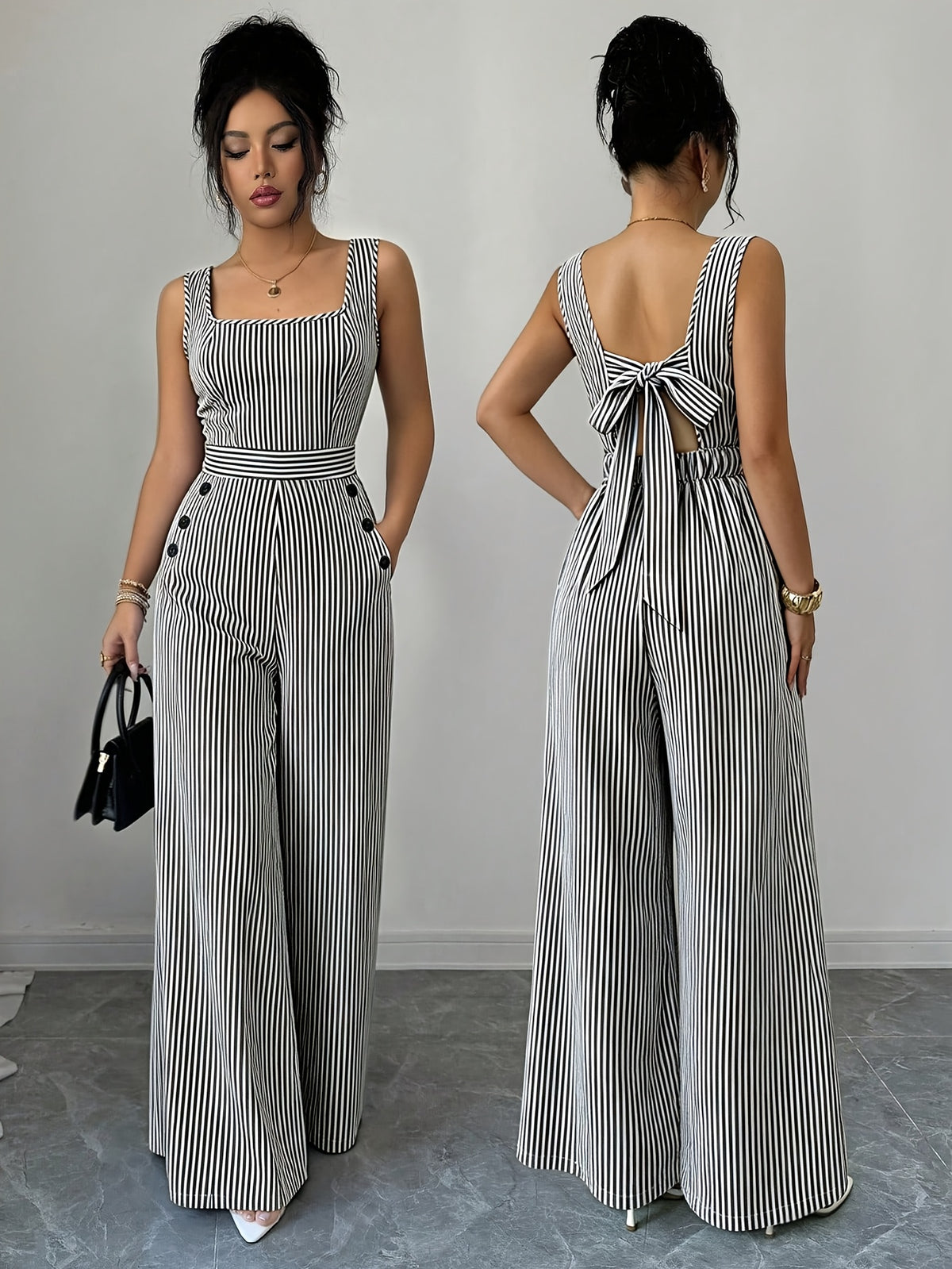 ASD1 Elegant Striped Square Neck Sleeveless Women's Bodysuit with Tie-Back Wide-Leg Pants - Stripe