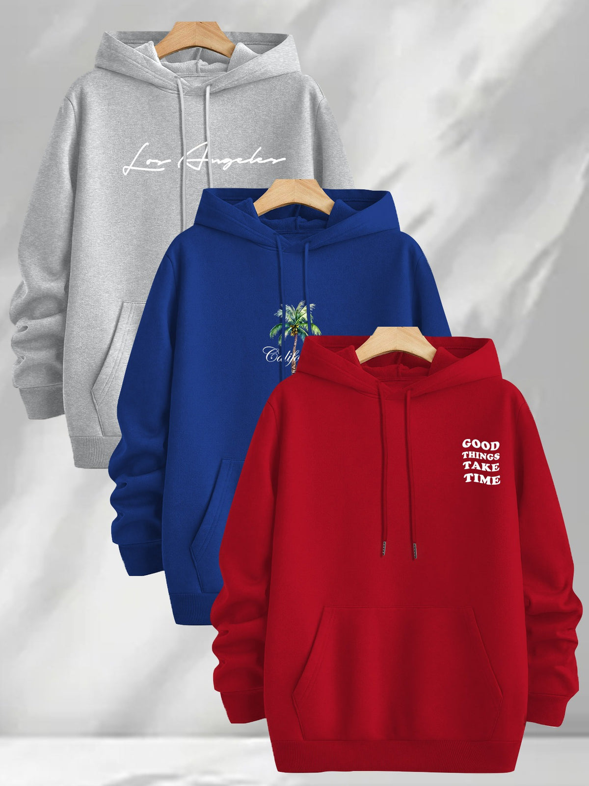 3pcs Trendy Print Sweatshirt, Men's Casual Hooded Sweatshirt, Long-sleeve Pullover, Slightly Stretchy, Knitted Polyester Fabric, Regular Fit Men's Hoodie - Blue+red+gray
