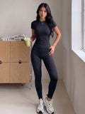 Round Neck Short Sleeve High-Waist Butt-Lifting Pants Set, Stretchy Nude-Feel Skin-Friendly 2pcs Set, Quick-Drying Breathable Wear, Tummy Control Peach Butt Training Outfit, Versatile Wearable Outer Casual Swear. 4-Way Stretch with Zero Restriction - Black