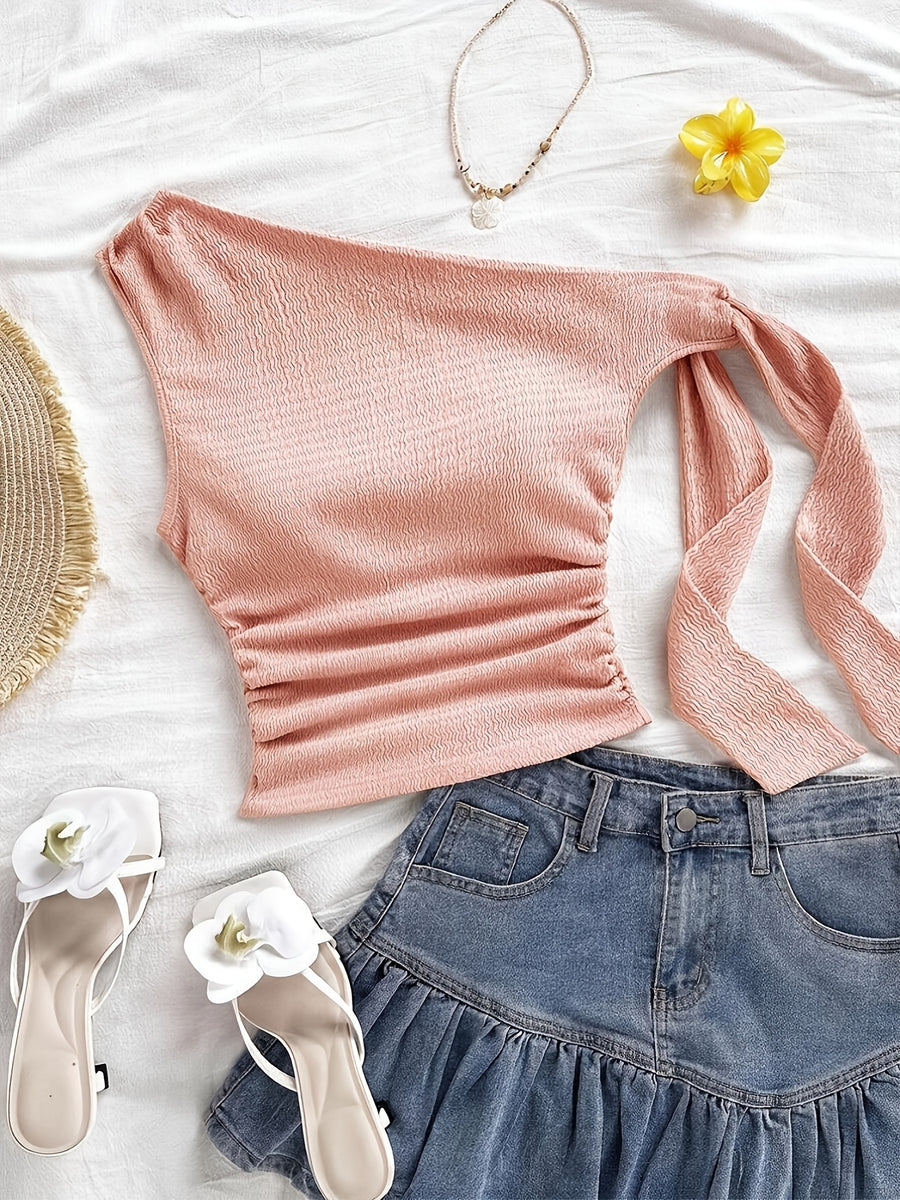 Sexy Asymmetrical Tie-Front Flowy Casual Slim-Fit Solid Color Women'S One-Shoulder Top for Spring And Autumn, Perfect for Parties, Vacations, Music Festivals, Bohemian Style, Holiday Dates, And Afternoon Tea - YTD Cherry - Pink