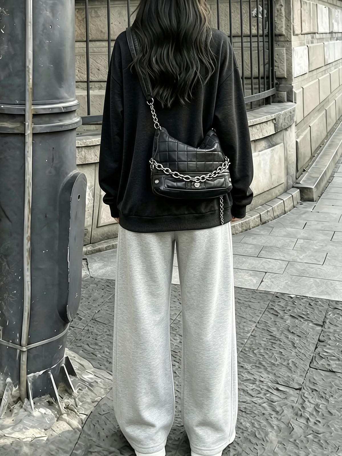 Women's Better Days Blue Rose Thorn Floral Print 2pcs Set, Round Neck Long Sleeve Loose Sweatshirt + Drawstring Wide-Leg Sweatpants, Vintage-Inspired Autumn Casual Streetwear Loungewear Sportswear Set - Deep Grey