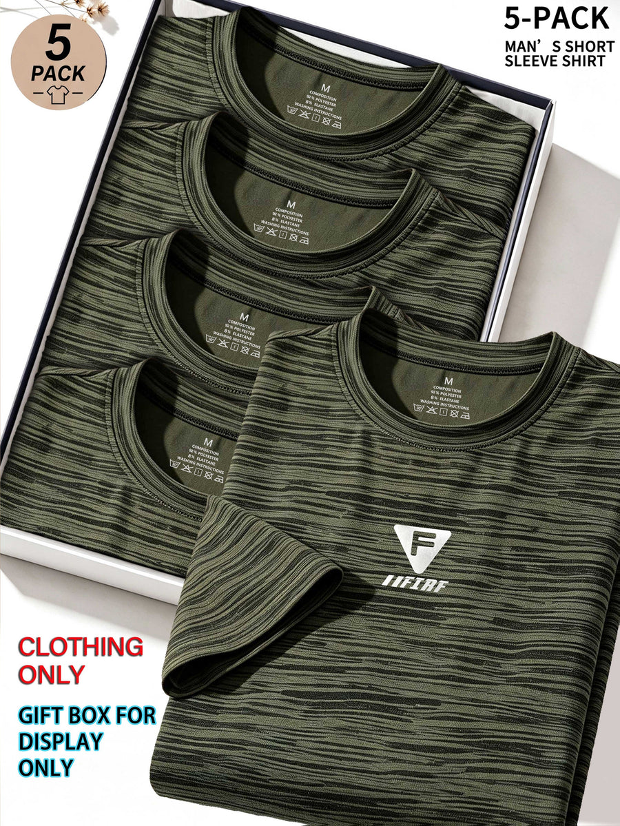 5pcs Men's Sports & Fitness Breathable Quick-Dry T-Shirts, Outdoor Travel Casual Running Printed Short-Sleeve Tees, Easy to Clean and Maintain, Lightweight T-Shirts for Daily Leisure and Gatherings, Classic Crew Neck Shirts - Army Green - 5-Piece Set