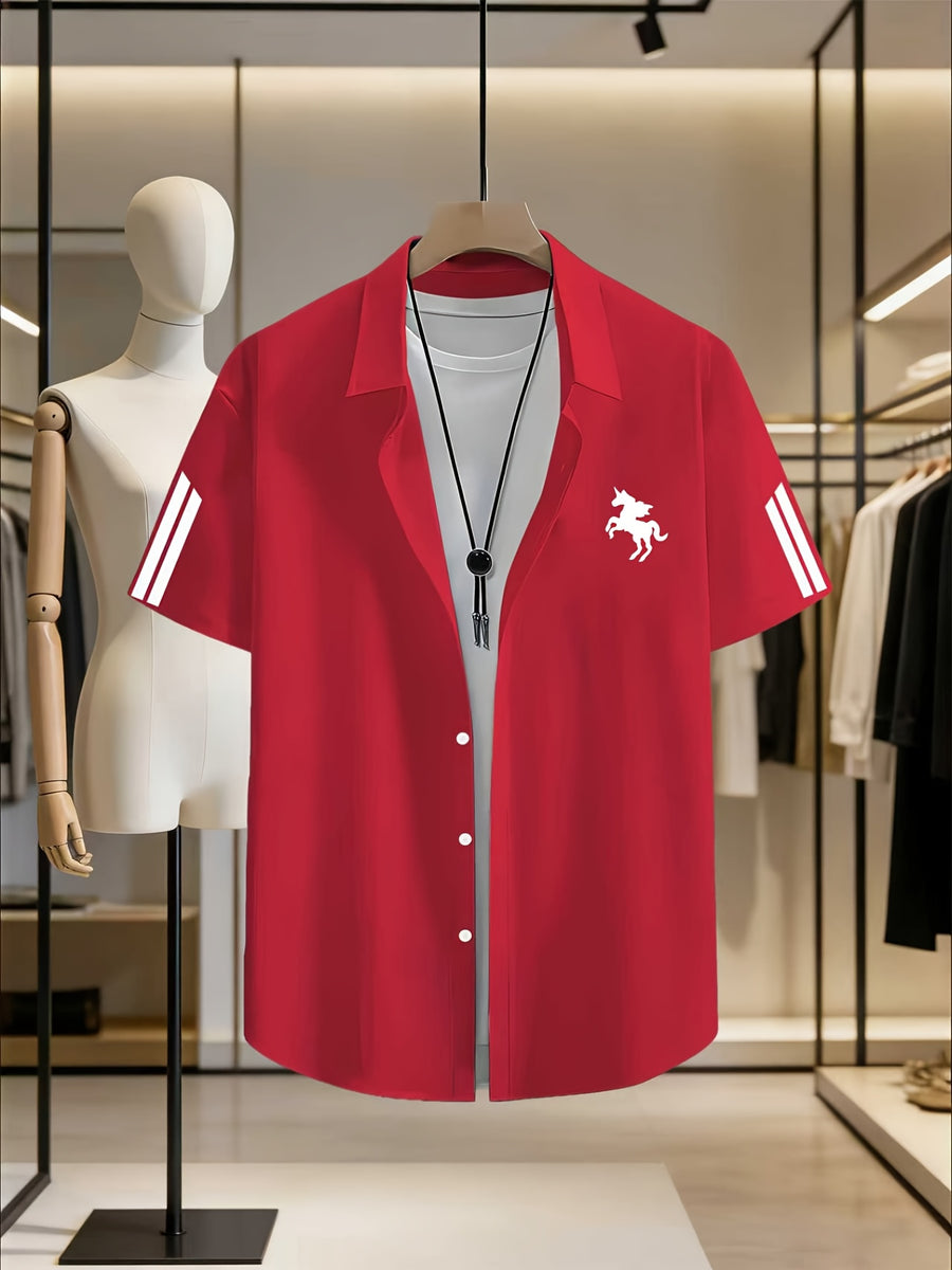 Men'S Solid Color Short Sleeve Shirt, Summer Lightweight Breathable Fabric, Classic Collar, Loose Fit, Textured Fabric, Suitable for Casual, Office & Weekend Wear, Short Sleeve Top, Non-Stretch Material, Durable Casualwear, Outdoor Casual - Red