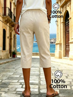 Women's Summer Solid Color Relaxed Fit Casual Mid-Length Pants, Made of Pure Fabric, with Elastic Waistband and Pockets. Loose-Fitting Mid-Length Pants, Suitable for Vacation and Daily Wear - Khaki