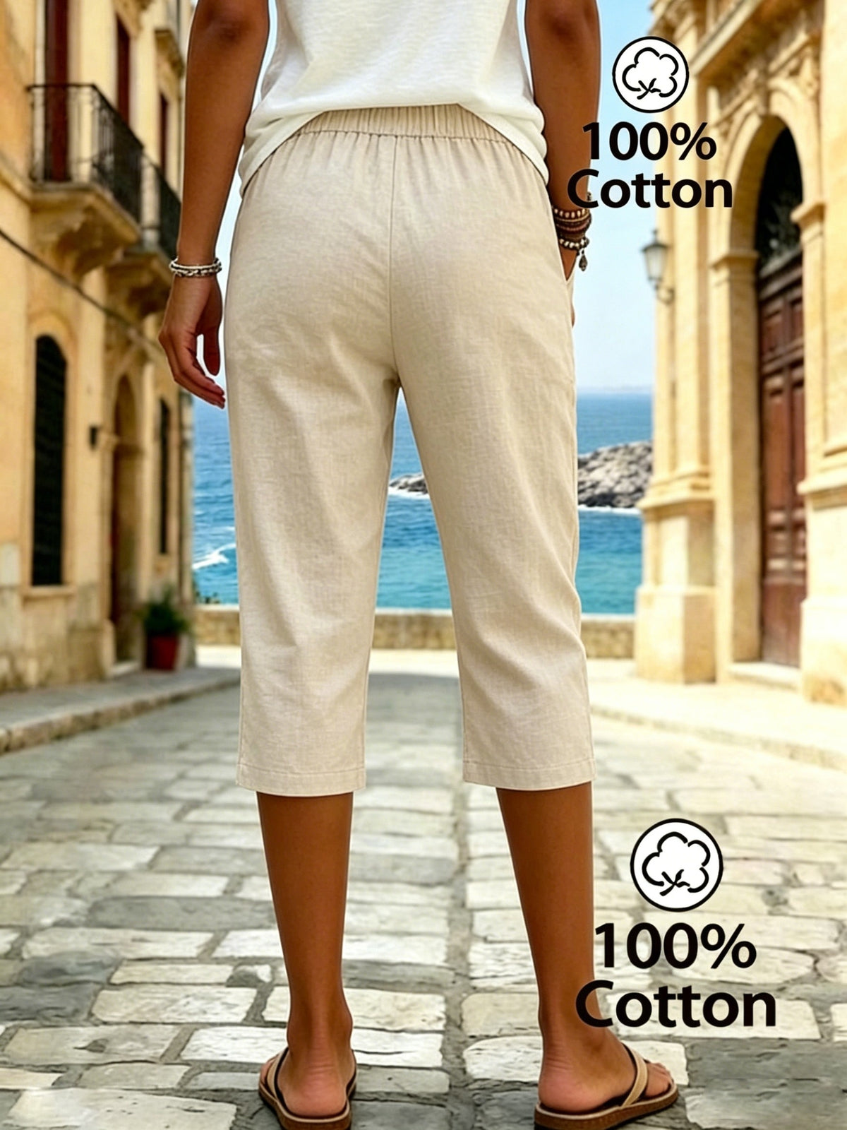 Women's Summer Solid Color Relaxed Fit Casual Mid-Length Pants, Made of Pure Fabric, with Elastic Waistband and Pockets. Loose-Fitting Mid-Length Pants, Suitable for Vacation and Daily Wear - Khaki
