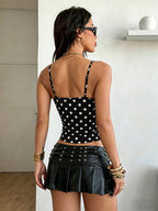 2026 Summer New Striped Polka Dot Fashionable Sexy Backless Lace Stitching V-Neck Small Suspender Top - Black