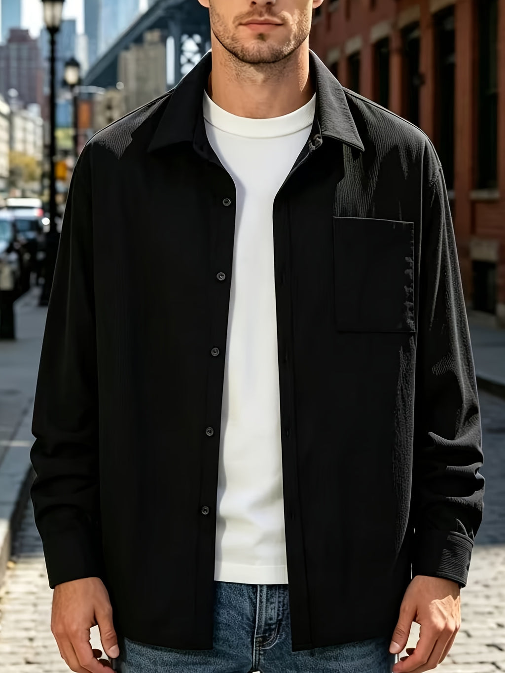 Men's Solid Color Long-Sleeve Shirt, Loose Fit Casual Workwear Jacket, Trendy and Versatile Top, Simple Basic Outerwear, Suitable for Daily Work Scenes - Black