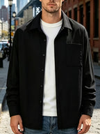 Men's Solid Color Long-Sleeve Shirt, Loose Fit Casual Workwear Jacket, Trendy and Versatile Top, Simple Basic Outerwear, Suitable for Daily Work Scenes - Black