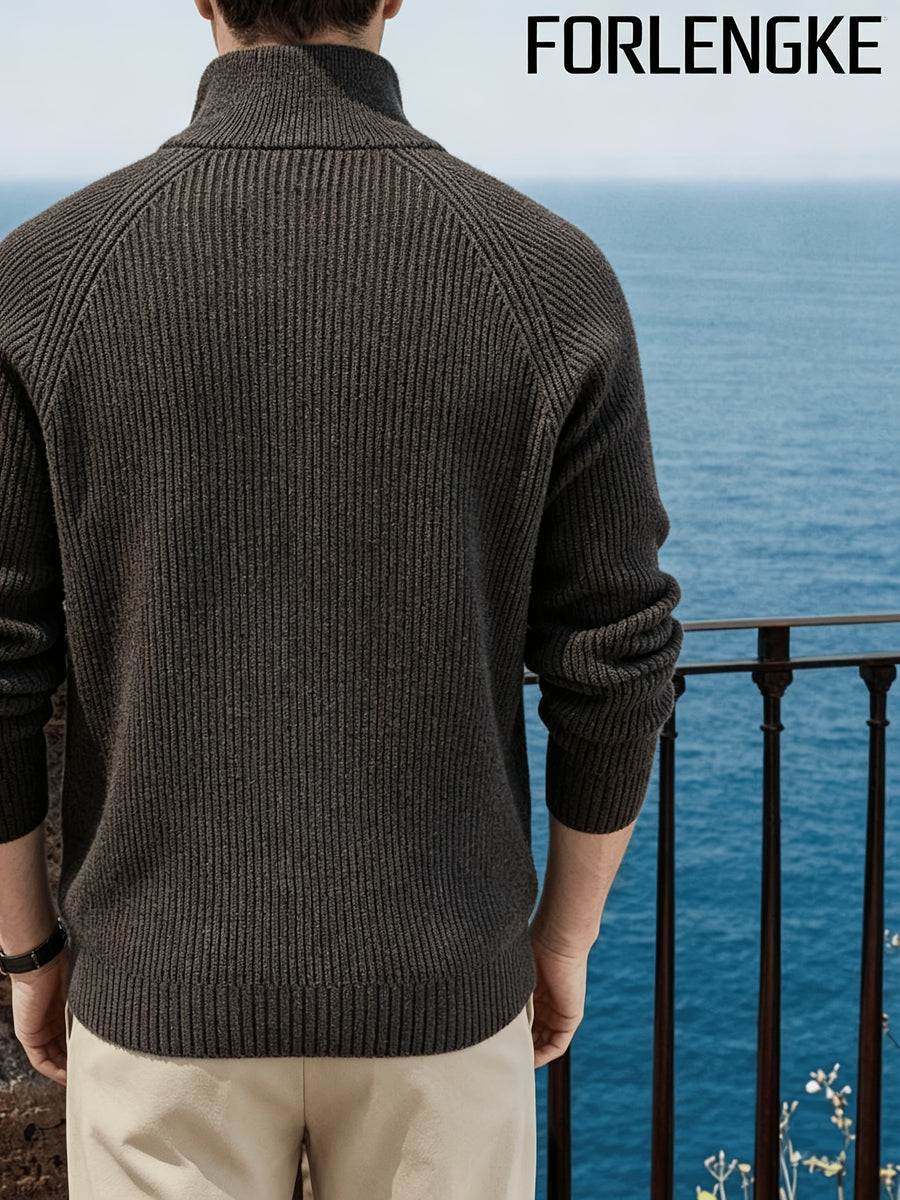 FORLENGKE Stylish Elegant Men'S Business Casual Quarter Zip Ribbed Knit Sweater, Soft Warm Long Sleeve Pullover for Fall Winter Office Daily Wear - Coffee Color