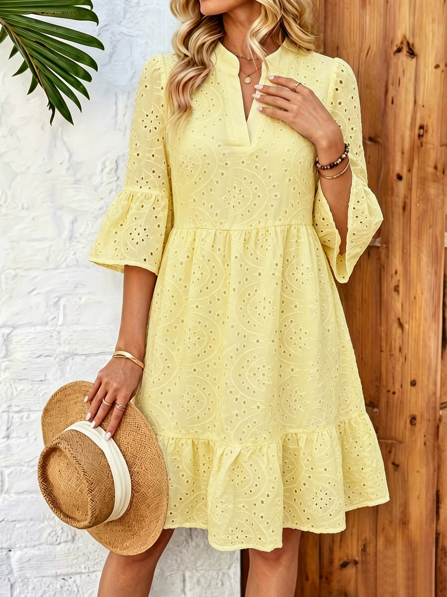 Women's White Hollow Embroidered Notch Collar Multi-Layer Split A-Hem Dress for Spring - 【Light Yellow】