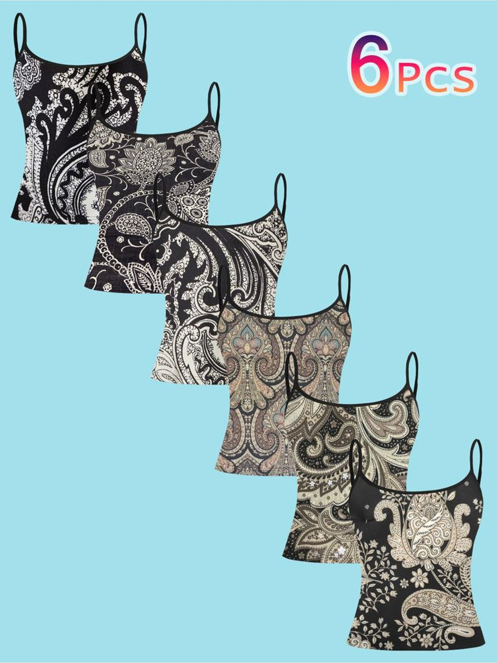 6pcs Women'S Camisole Vest Set, Mixed Colors, Multi-Size Available, Fabric, Unique Paisley/Floral Pattern, Thin Strap Design, Casual Wear, Casual Outing Fashionable Versatile, Versatile Styling - Mixed colors