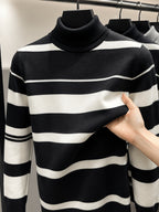 [Whale-Crossing Lan OBM] Spring/Autumn New Men'S Knit Pullover Sweater, Old Money Style Color-Block Long Sleeve High-Neck Knit Pullover for Men, Business Casual Fashion Ribbed Sweater, Suitable for Spring, Autumn, Winter Layering Or Inner Wear - Black