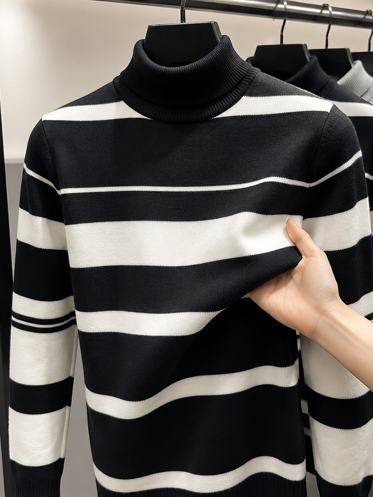 [Whale-Crossing Lan OBM] Spring/Autumn New Men'S Knit Pullover Sweater, Old Money Style Color-Block Long Sleeve High-Neck Knit Pullover for Men, Business Casual Fashion Ribbed Sweater, Suitable for Spring, Autumn, Winter Layering Or Inner Wear - Black