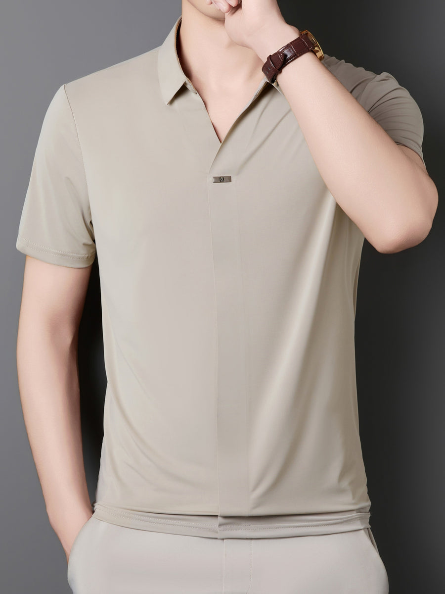 New Men's Seamless Short-Sleeve Shirt, Suitable for Business Casual Wear, Ideal for Both Work and Formal Occasions, Casual and Comfortable Style - Khaki
