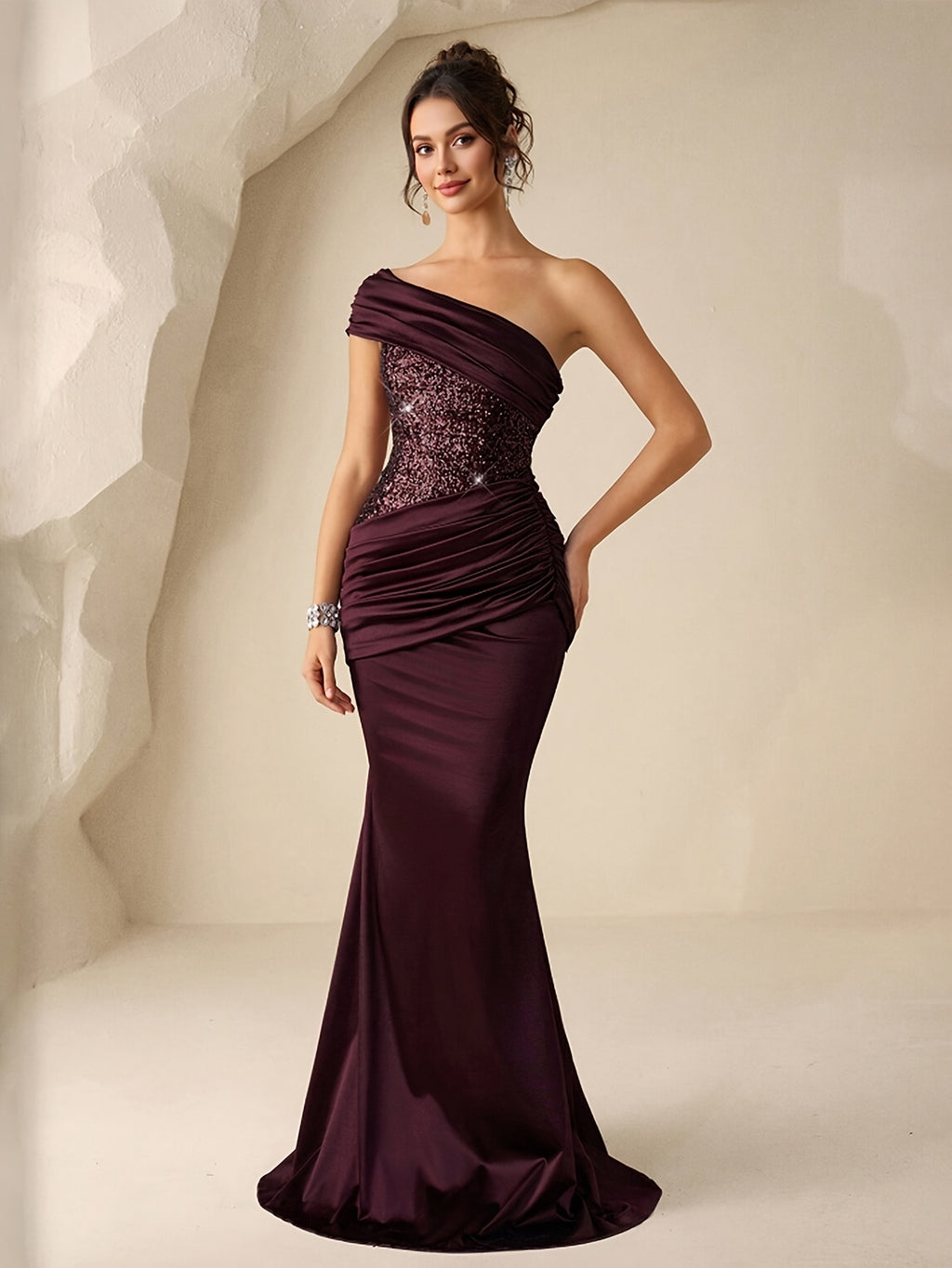 Women's Sequined Mermaid Trendy Style, Formal Evening Dress with One Shoulder, Ladies' Gorgeous and Elegant Celebration Gown, Valentine's Day Sequined Dress, for Graduation Ceremonies, Opening Ceremonies, Music Festivals, Birthday Parties - Maroon 2