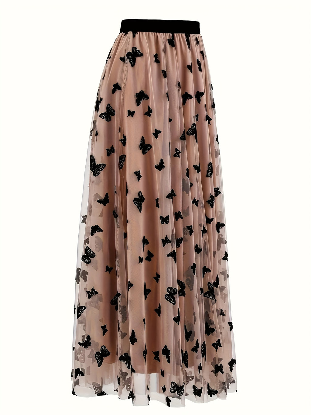 Ladies' Elegant Butterfly-patterned Chiffon Calf-length Skirt - Coffee Brown